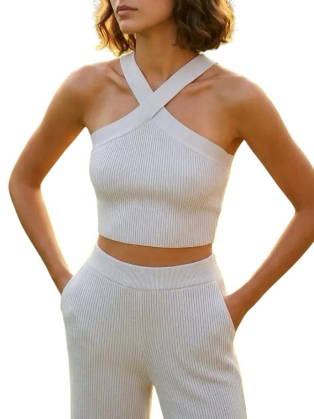 Babaton Sculpt Knit Cross Crop Halter Top Womens Small Frosted Lilac 77075 NWT